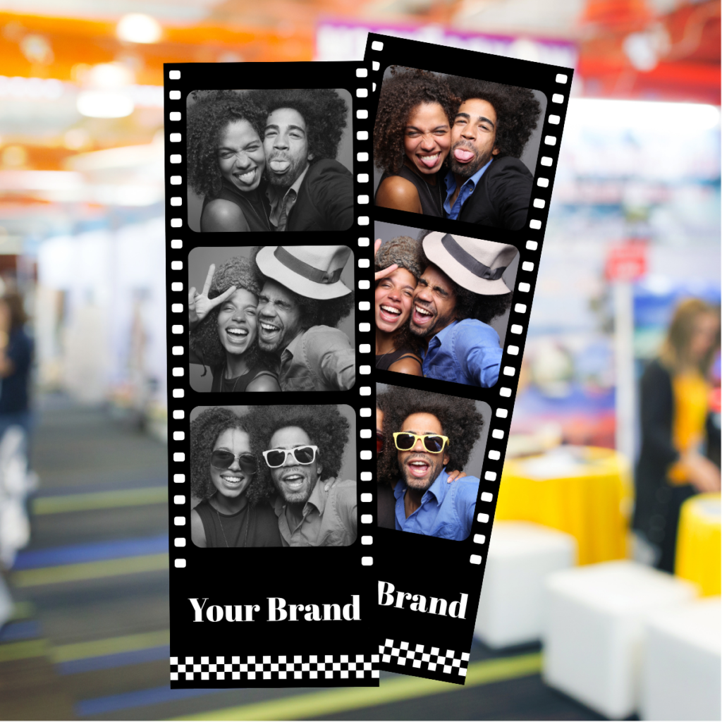 Printed photo strips produced by an enclosed photo booth