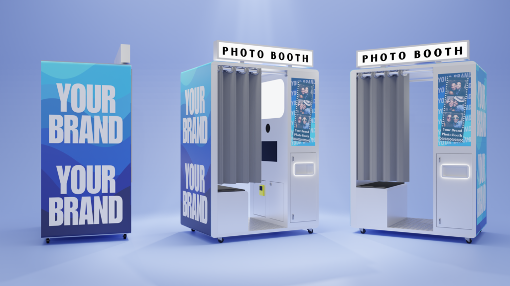Three photo booth kiosk cabinets shown in different exterior finishes