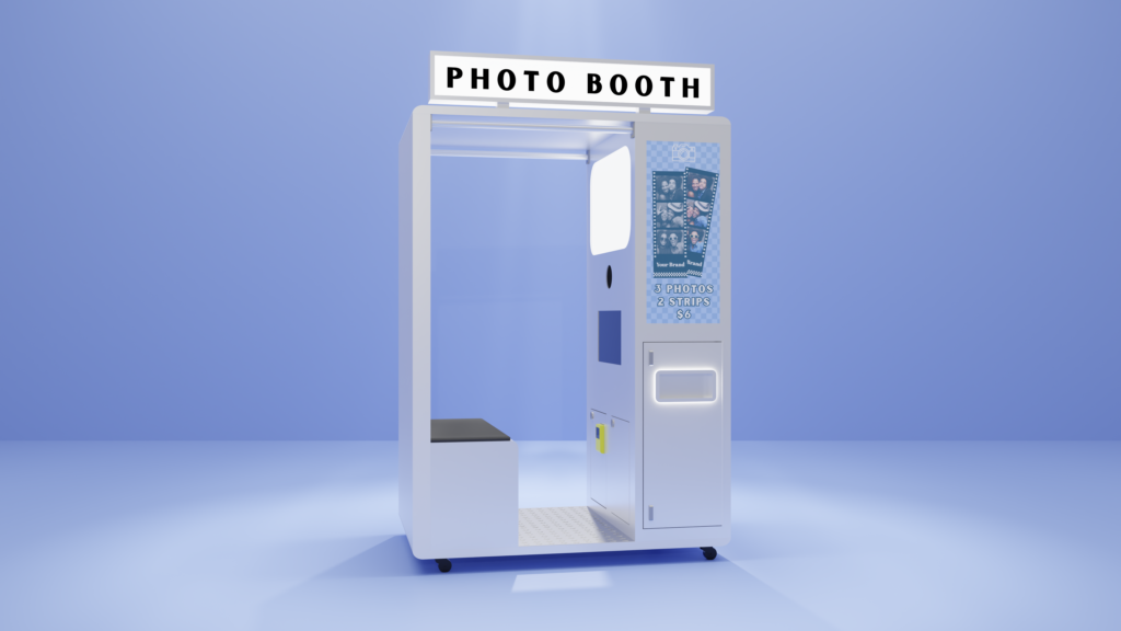 Commercial photo booth cabinet shown from the service side during a product build