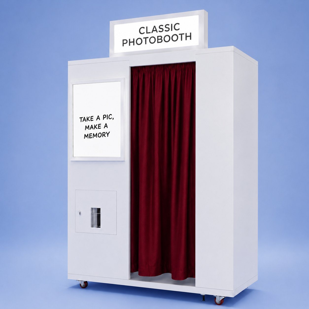 SmileMore Classic photo booth vending machine, a compact enclosed walk-in booth with an illuminated topper and curtain