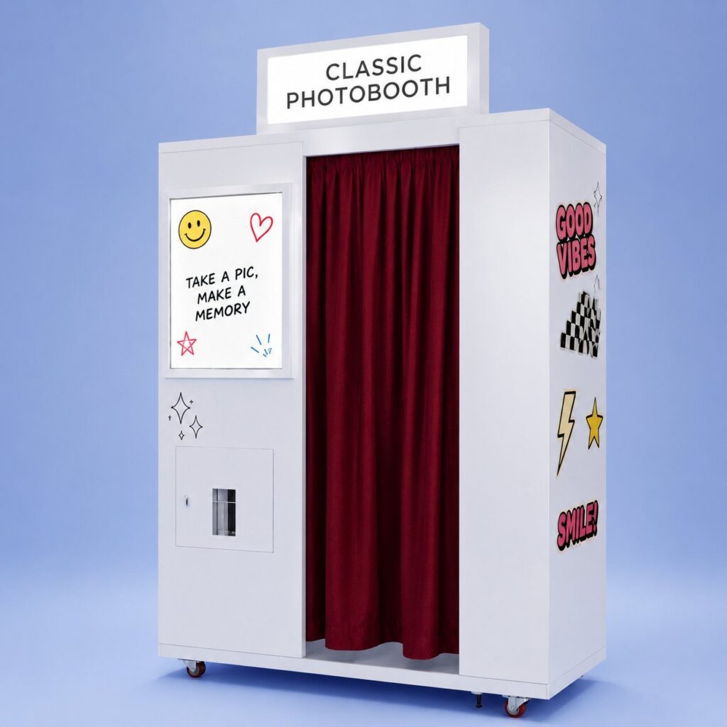 Classic photo booth vending machine finished in a venue brand's custom exterior graphics and decals