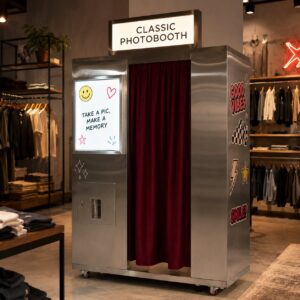 Compact photo booth vending machine permanently installed inside a retail store