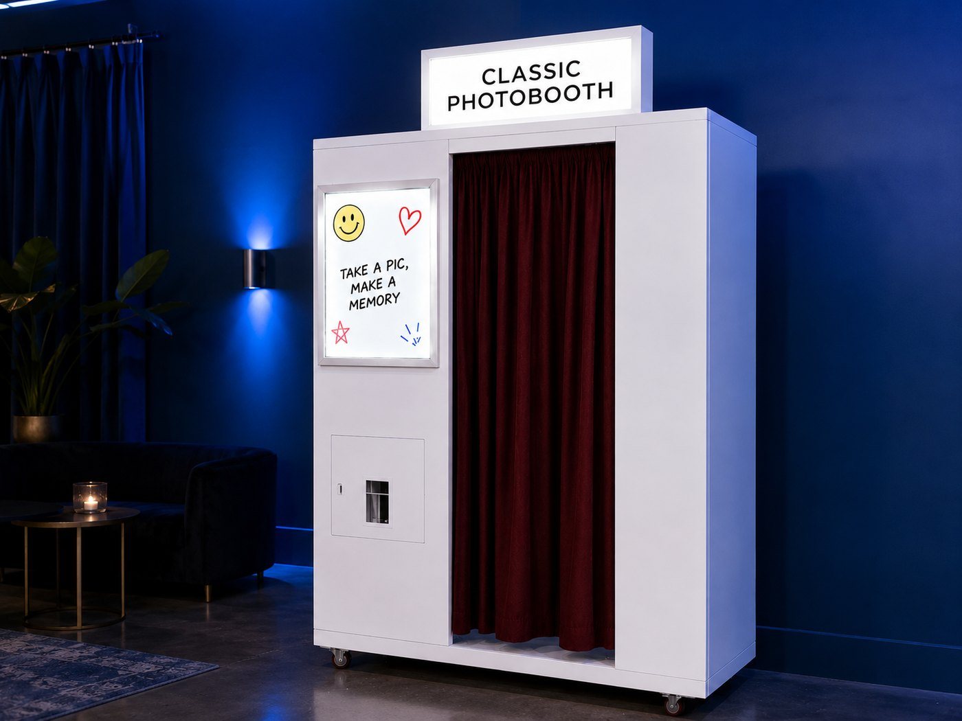 A SmileMore photo booth vending machine installed permanently in a dark lounge