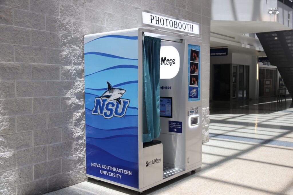 Finished permanent photo booth installation in the Nova Southeastern University Center lobby