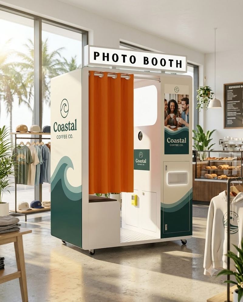 A SmileMore photo booth for restaurants finished in a host brand's colors and logo rather than the operator's