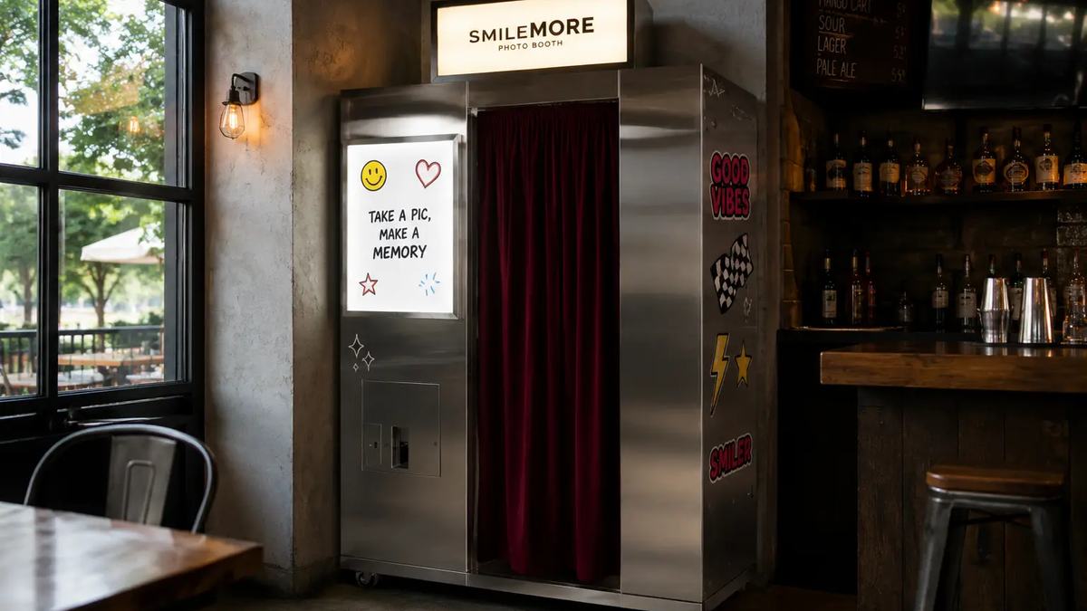 A SmileMore photo booth installed in a bar, one of the few vending machines for bars that sells a moment rather than a product