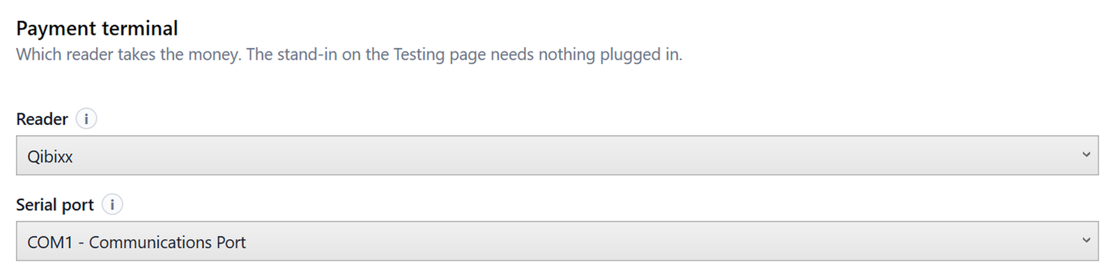 VertexBooth payment terminal settings with the Qibixx reader selected