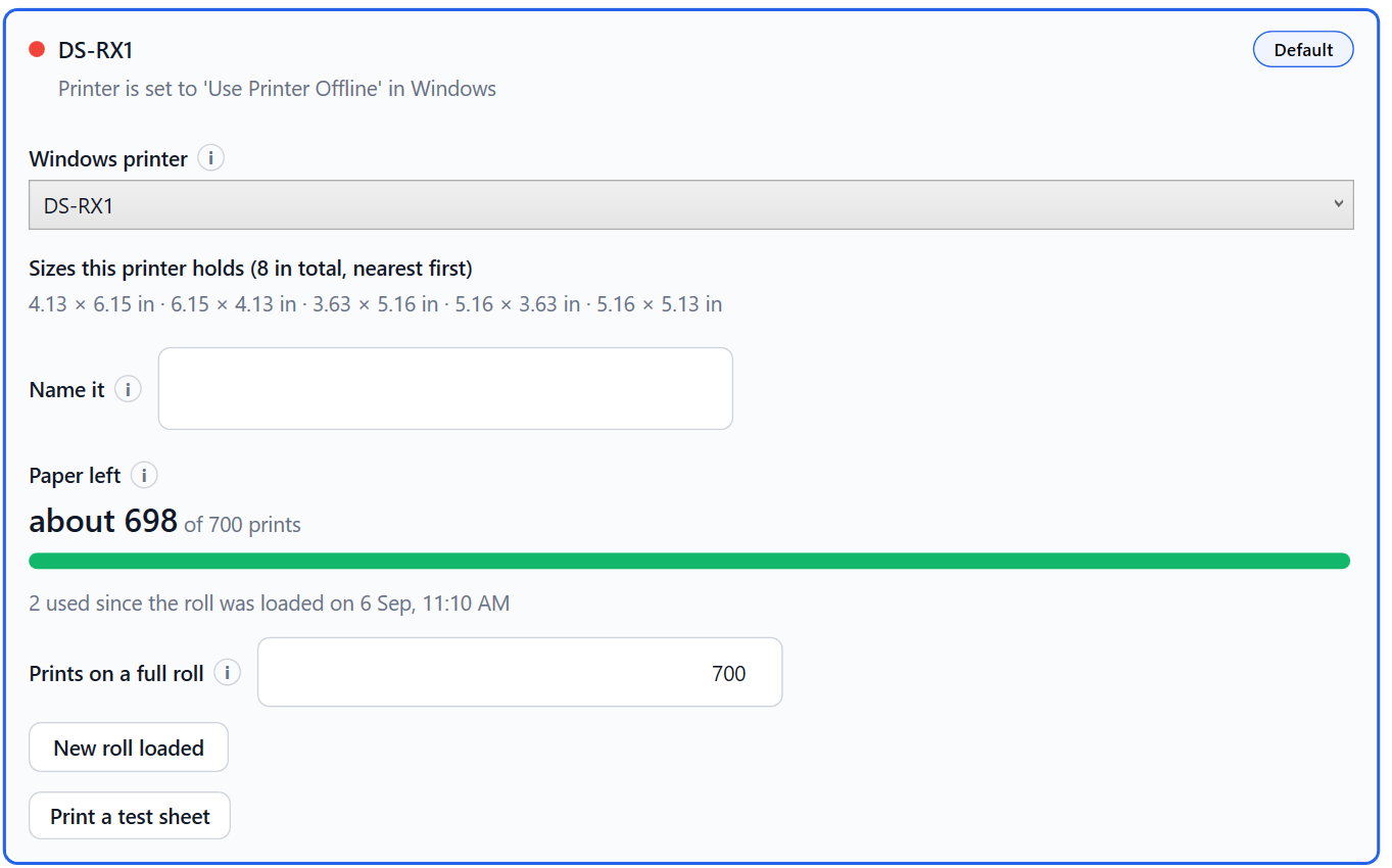 Printer settings in VertexBooth including media size and roll tracking