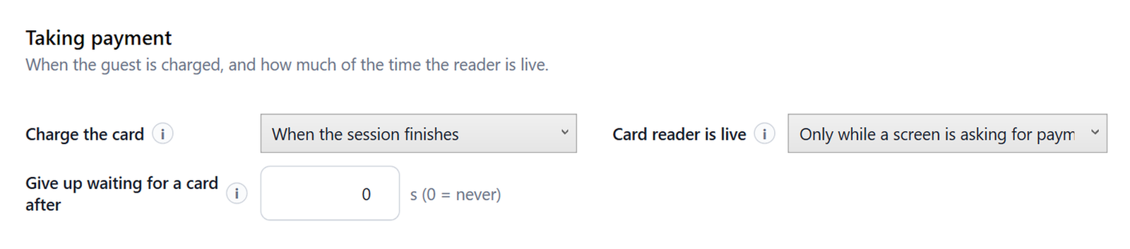 Settings for when the card is charged and how long the booth waits
