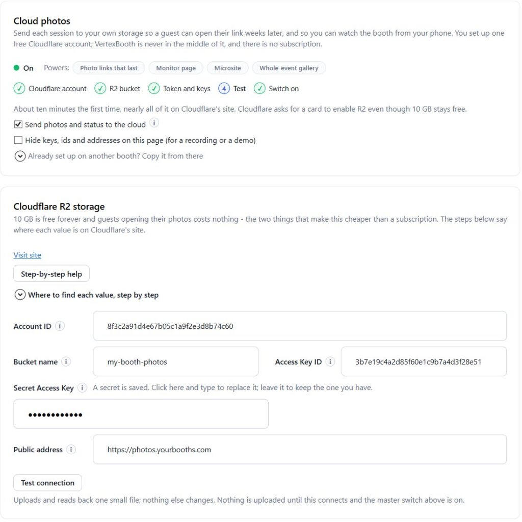 VertexBooth Cloud page connecting Cloudflare R2, the storage behind photobooth software with QR code links