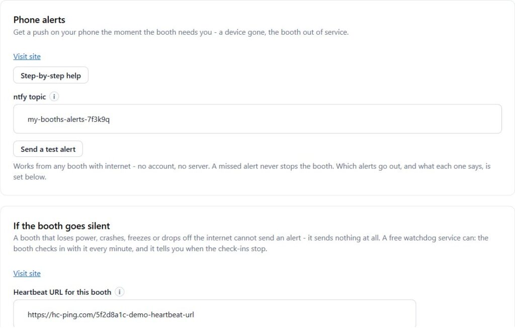 VertexBooth phone alert and heartbeat settings that catch vending machine downtime