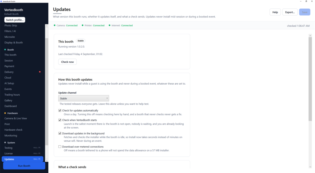 The VertexBooth updates tab showing available software updates