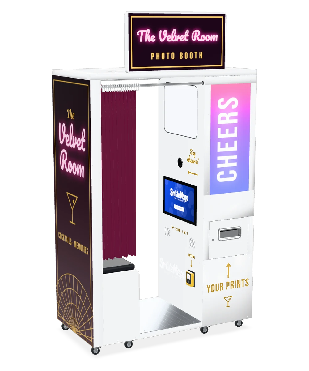 SmileMore Classic enclosed photo booth for sale in a cocktail bar wrap